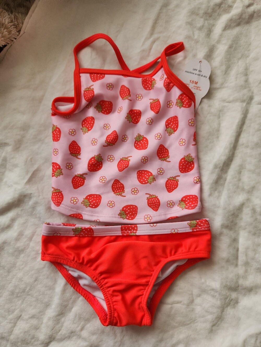 Kids Pink Strawberry Tankini Set with Red Trim 18Mo